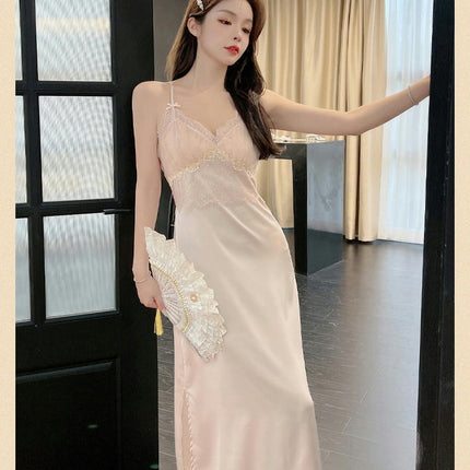 Women Imitation Silk Satin Nightgown Sexy Lace Chemise Lingerie Long Sleepdress for Ladies Sleepwear