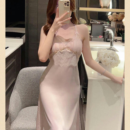 Women Imitation Silk Satin Nightgown Sexy Lace Chemise Lingerie Long Sleepdress for Ladies Sleepwear