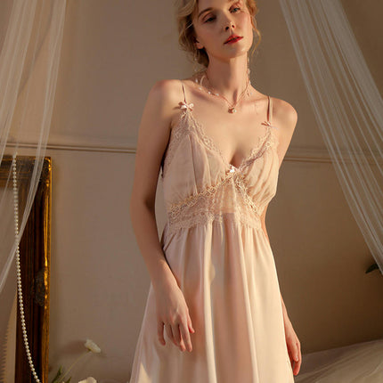 Imitation Silk Satin Chemise Sexy Lingerie Halter Dress Lace Nightgown Sleepwear for Women