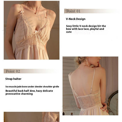 Imitation Silk Satin Chemise Sexy Lingerie Halter Dress Lace Nightgown Sleepwear for Women