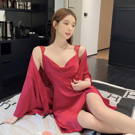 Women's Chemise Deep V Neck Lace Nightgown Imitation Silk Slip Satin Sleepwear Nightdress