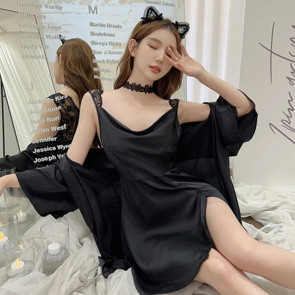 Women's Chemise Deep V Neck Lace Nightgown Imitation Silk Slip Satin Sleepwear Nightdress