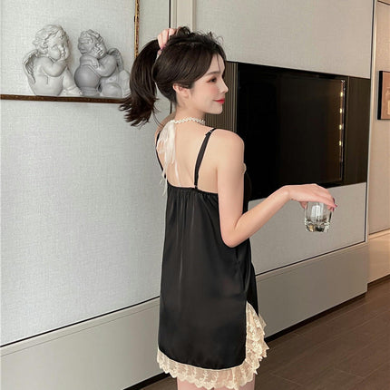 Women's Imitation Ice Silk Short Suspender Nightdress Sexy Lace Bra Pad Nightgown