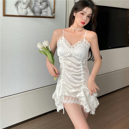 Women's Imitation Ice Silk Short Suspender Nightdress Sexy Lace Bra Pad Nightgown