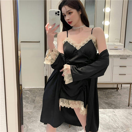 Women's Imitation Ice Silk Short Suspender Nightdress Sexy Lace Bra Pad Nightgown