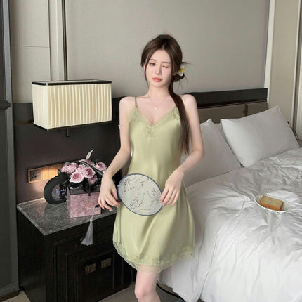 Women's Sexy Suspender Nightdress Imitation Ice Ribbon Chest Pad Summer Lace Silk Nightgown