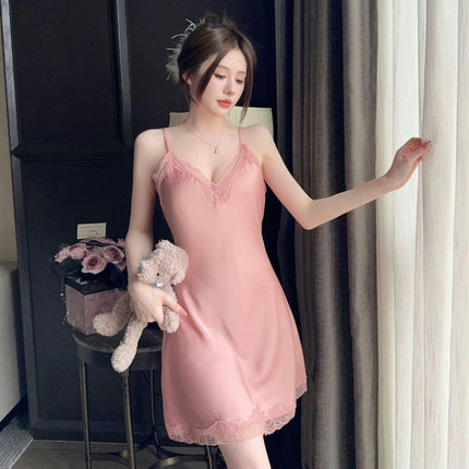 Women's Sexy Suspender Nightdress Imitation Ice Ribbon Chest Pad Summer Lace Silk Nightgown