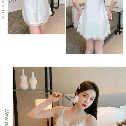 Women's Sexy Suspender Nightdress Imitation Ice Ribbon Chest Pad Summer Lace Silk Nightgown