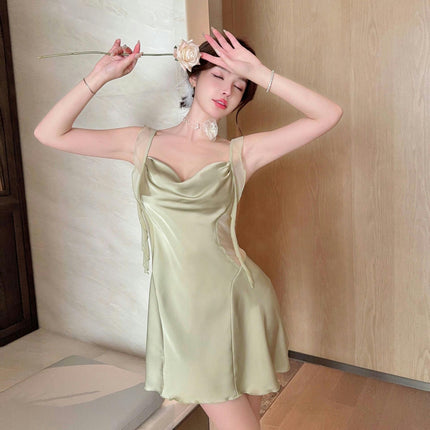 Womens Imitation Silk Satin Sexy Nightgown Gowns Cowl Neck Short Mesh Strappy Lingerie