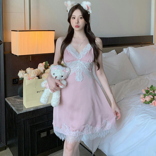 Women's Sexy Nightgown-Imitation Ice Ribbon Bra Pad Lace Suspender Nightdress Nightgown