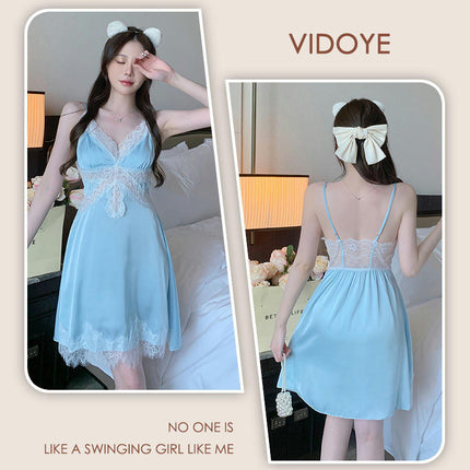 Women's Sexy Nightgown-Imitation Ice Ribbon Bra Pad Lace Suspender Nightdress Nightgown