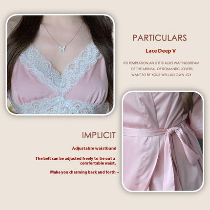 Women's Sexy Nightgown-Imitation Ice Ribbon Bra Pad Lace Suspender Nightdress Nightgown