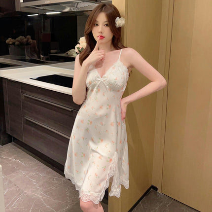 Women's Slit Lingerie Dress Simulated Silk Satin Nightgown Lace Slip Nightdress V Neck Full Slip