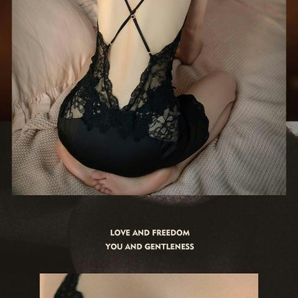 Sexy Pajamas Women - Imitation Ice Ribbon Bra Pads Backless Lace Embroidered Nightdress