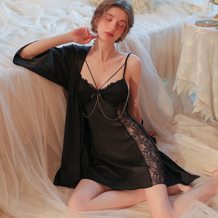 Women's Lingerie Dress Imitation Silk Satin Nightgown Lace Chemise Sleepwear V Neck Full Slip With chest pad