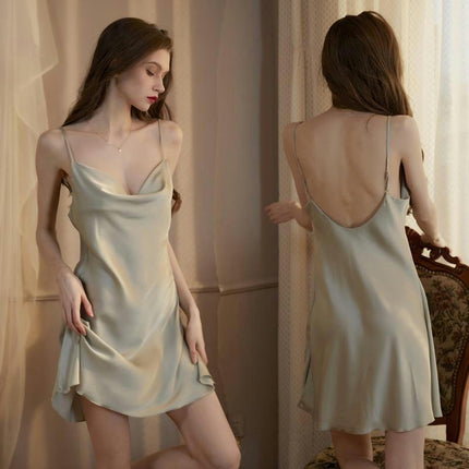 Women's Sexy Lingerie Nightgown V Neck Faux Silk Satin Backless Slip Nightgown