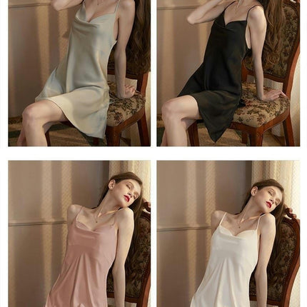 Women's Sexy Lingerie Nightgown V Neck Faux Silk Satin Backless Slip Nightgown