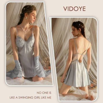 Women's Imitation Silk Lingerie Dress Satin Nightgown V Neck Lace Chemise Sleepwear Nightgown