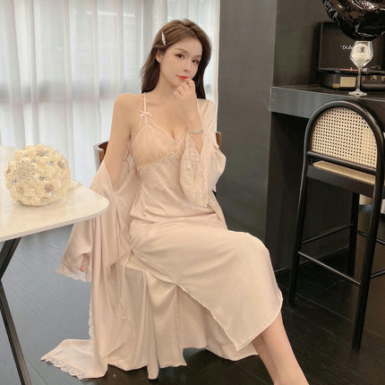 Women's Long Silk Sexy Nightgown Dress V Neck Satin Lace Slip Robe