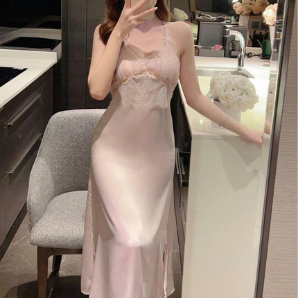 Women's Long Silk Sexy Nightgown Dress V Neck Satin Lace Slip Robe