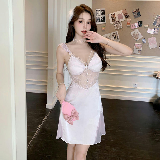 Womens Imitation Silk Nightgowns Sexy Sleepwear Chemise Lingerie Slip Dress Lace Nighty