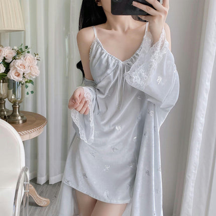 Women's Padded Printed Dress Imitation Silk Satin Nightgown V Neck Slip