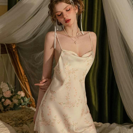 Women's Sexy Floral Nightgown Simulated Silk Satin Lingerie Slip Nightgown Dress