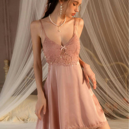 Women Lingerie Imitation Silk Satin Nightgown Sleepwear V Neck Silk Lace Chemise Mini Teddy