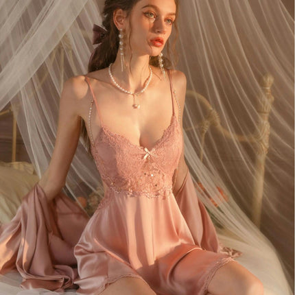 Women Lingerie Imitation Silk Satin Nightgown Sleepwear V Neck Silk Lace Chemise Mini Teddy