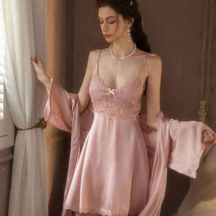 Women Lingerie Imitation Silk Satin Nightgown Sleepwear V Neck Silk Lace Chemise Mini Teddy