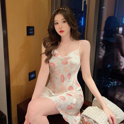 Women's Suspender Pajamas Imitation Ice Silk Sexy Slit Mini Nightgown