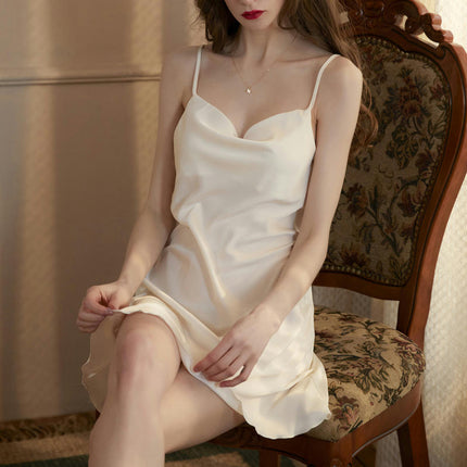 Women's Suspender Pajamas Imitation Ice Silk Sexy Slit Mini Nightgown