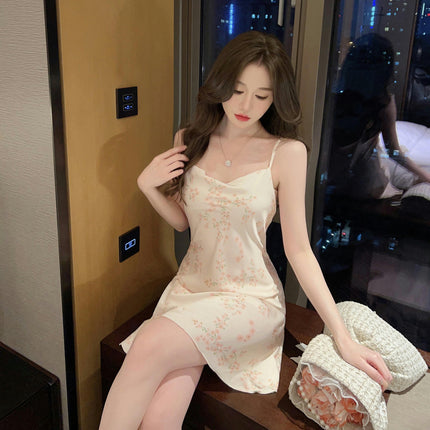 Women's Suspender Pajamas Imitation Ice Silk Sexy Slit Mini Nightgown