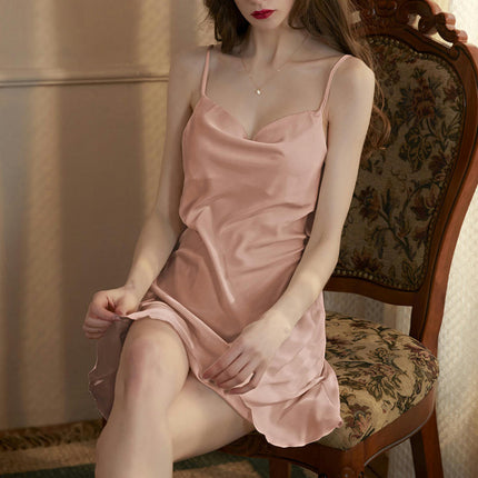 Women's Suspender Pajamas Imitation Ice Silk Sexy Slit Mini Nightgown