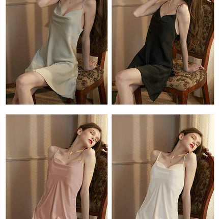 Women's Suspender Pajamas Imitation Ice Silk Sexy Slit Mini Nightgown