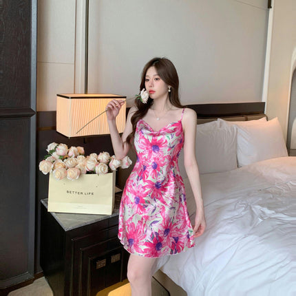 Women's Suspender Pajamas Imitation Ice Silk Sexy Slit Mini Nightgown