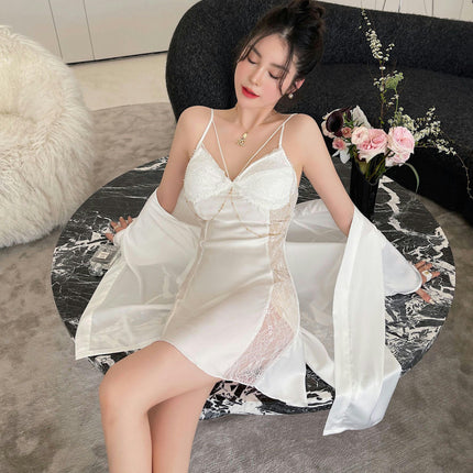 Women Imitation Silk Sexy Lingerie Sleepwear V Neck Satin Lace Chemise Nightgown