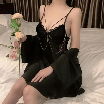 Women Imitation Silk Sexy Lingerie Sleepwear V Neck Satin Lace Chemise Nightgown