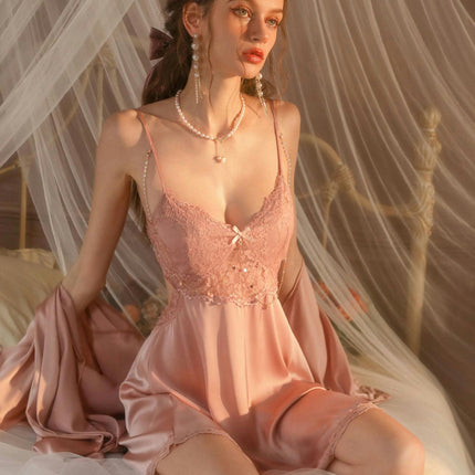 Women Imitation Silk Sexy Lingerie Sleepwear V Neck Satin Lace Chemise Nightgown