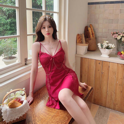 Women Imitation Silk Sexy Lingerie Sleepwear V Neck Satin Lace Chemise Nightgown