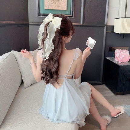 Women's Imitation Ice Ribbon Bra Pad Suspender Nightgown Beautiful Back Hollow Lace Home Clothes