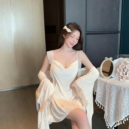 Women's Sexy Nightgown-Imitation Ice Silk Lace Embroidery Beautiful Back Suspender Nightdress