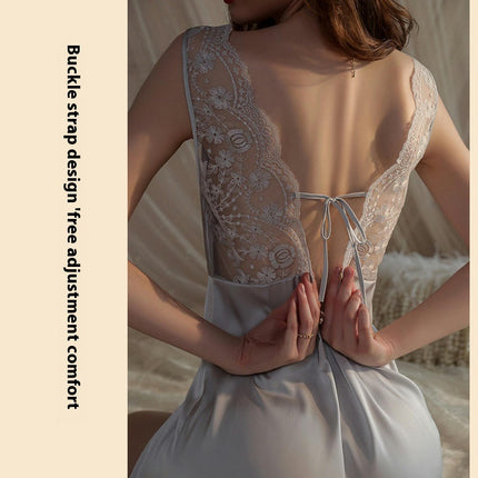 Women's Sexy Nightgown-Imitation Ice Silk Lace Embroidery Beautiful Back Suspender Nightdress