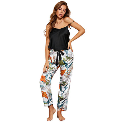 Simulated Silk Pajama Set - Sexy Camisole Long Printed Pajama 2-Piece Set