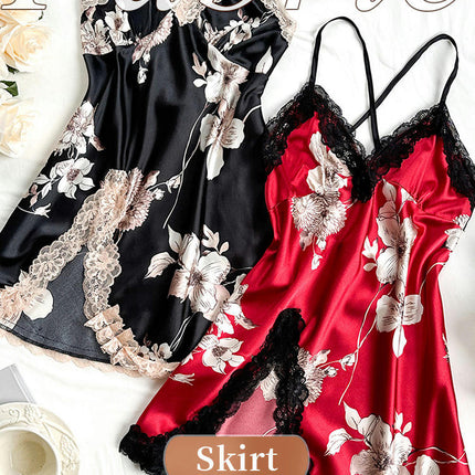 Womens 2 Pack Imitation Silk Nightgowns Sexy Lace Print Satin Chmeise V Neck Nightwear