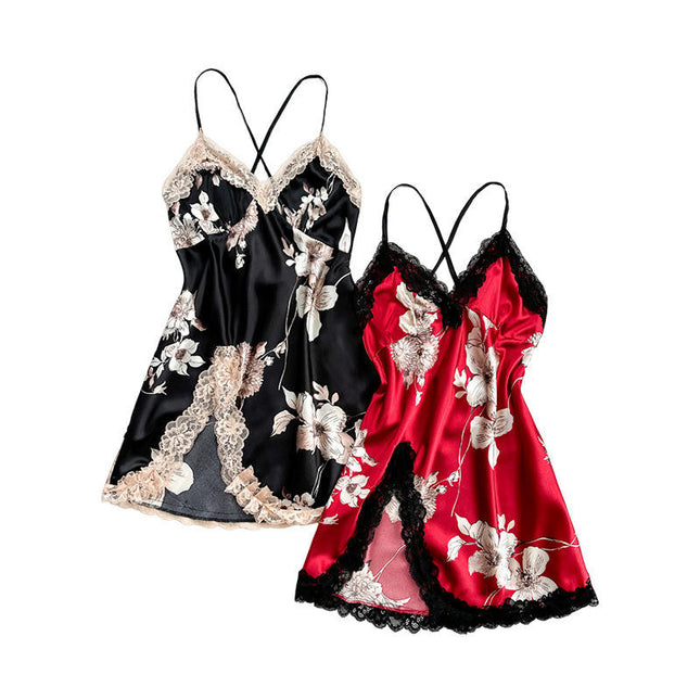 Womens 2 Pack Imitation Silk Nightgowns Sexy Lace Print Satin Chmeise V Neck Nightwear