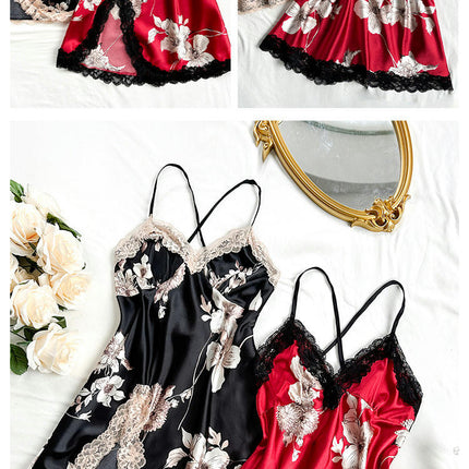 Womens 2 Pack Imitation Silk Nightgowns Sexy Lace Print Satin Chmeise V Neck Nightwear