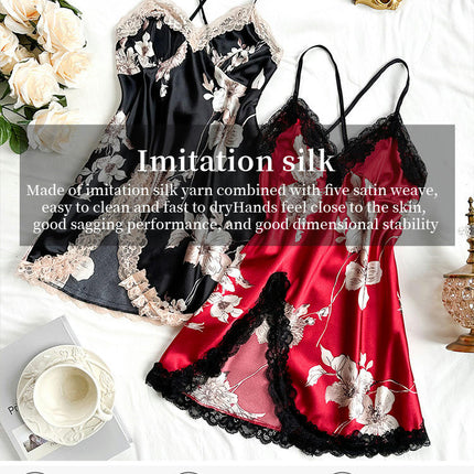 Womens 2 Pack Imitation Silk Nightgowns Sexy Lace Print Satin Chmeise V Neck Nightwear