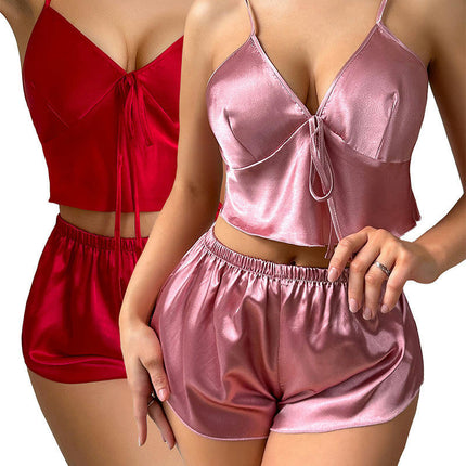 Satin Pajama Set for Women 4 Piece Imitation Silk Pjs Camisole Top and Shorts Sleepwear