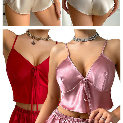 Satin Pajama Set for Women 4 Piece Imitation Silk Pjs Camisole Top and Shorts Sleepwear